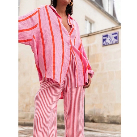 Pink Striped Oversized Button Down Shirt Long Sleeve - Picture 2 of 14